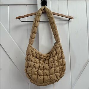 Puffy Quilted Carryall Shoulder Bag in Sand Color